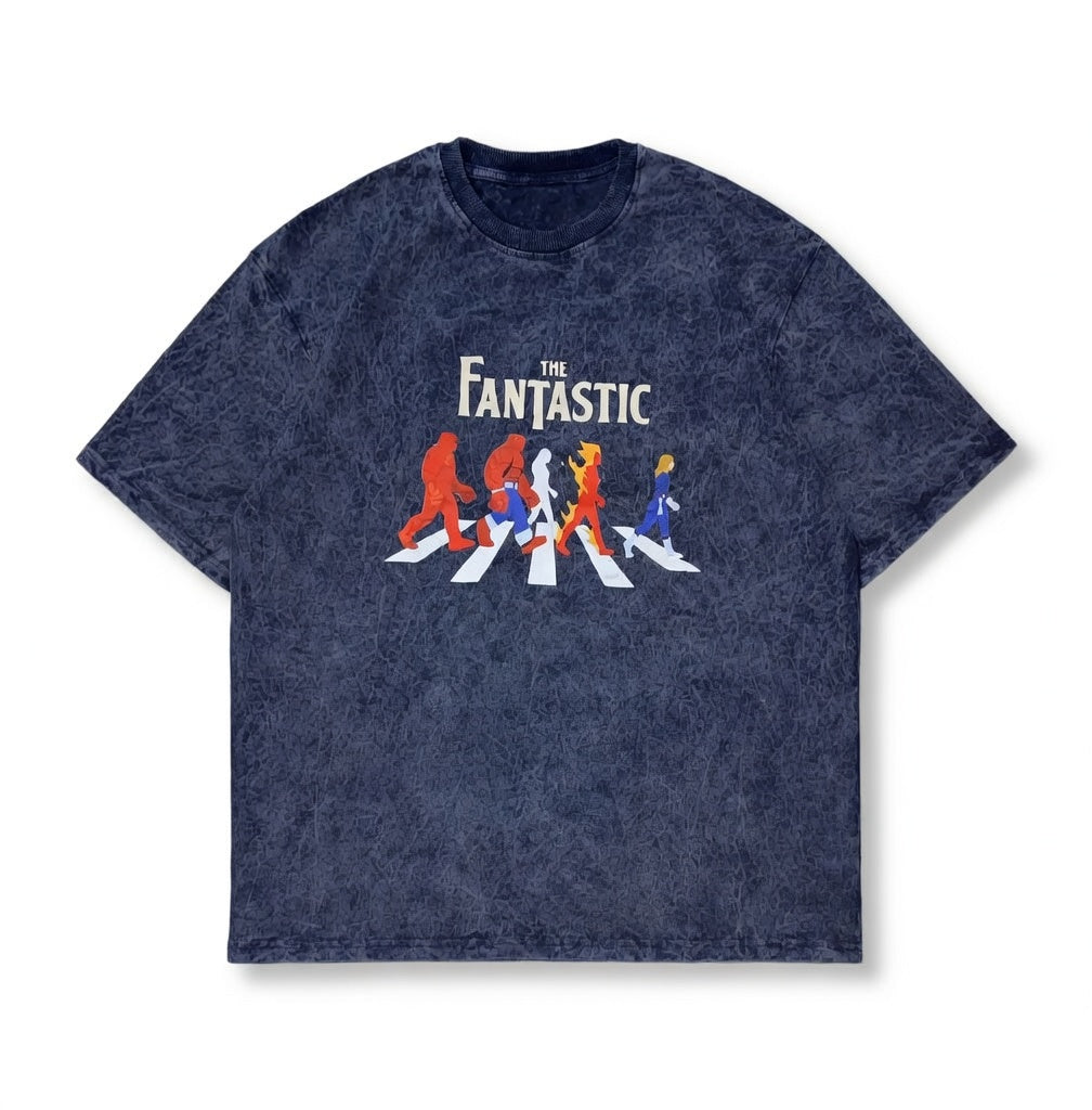 The Fantastic Four Abbey Road Parody Navy Blue Acid Wash Oversized T-Shirt - Heavyweight Streetwear Tee