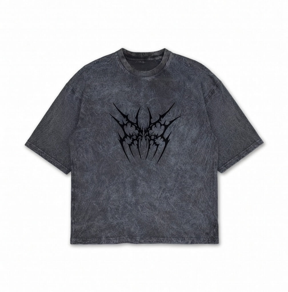 Gothic Bat Graphic Grey Acid Wash Oversized T-Shirt - Heavyweight Streetwear Tee