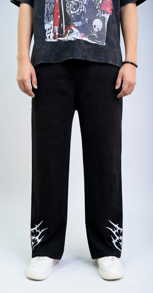Gothic Bat Leg Print Baggy Pants - Black & White Oversized Streetwear Trousers
