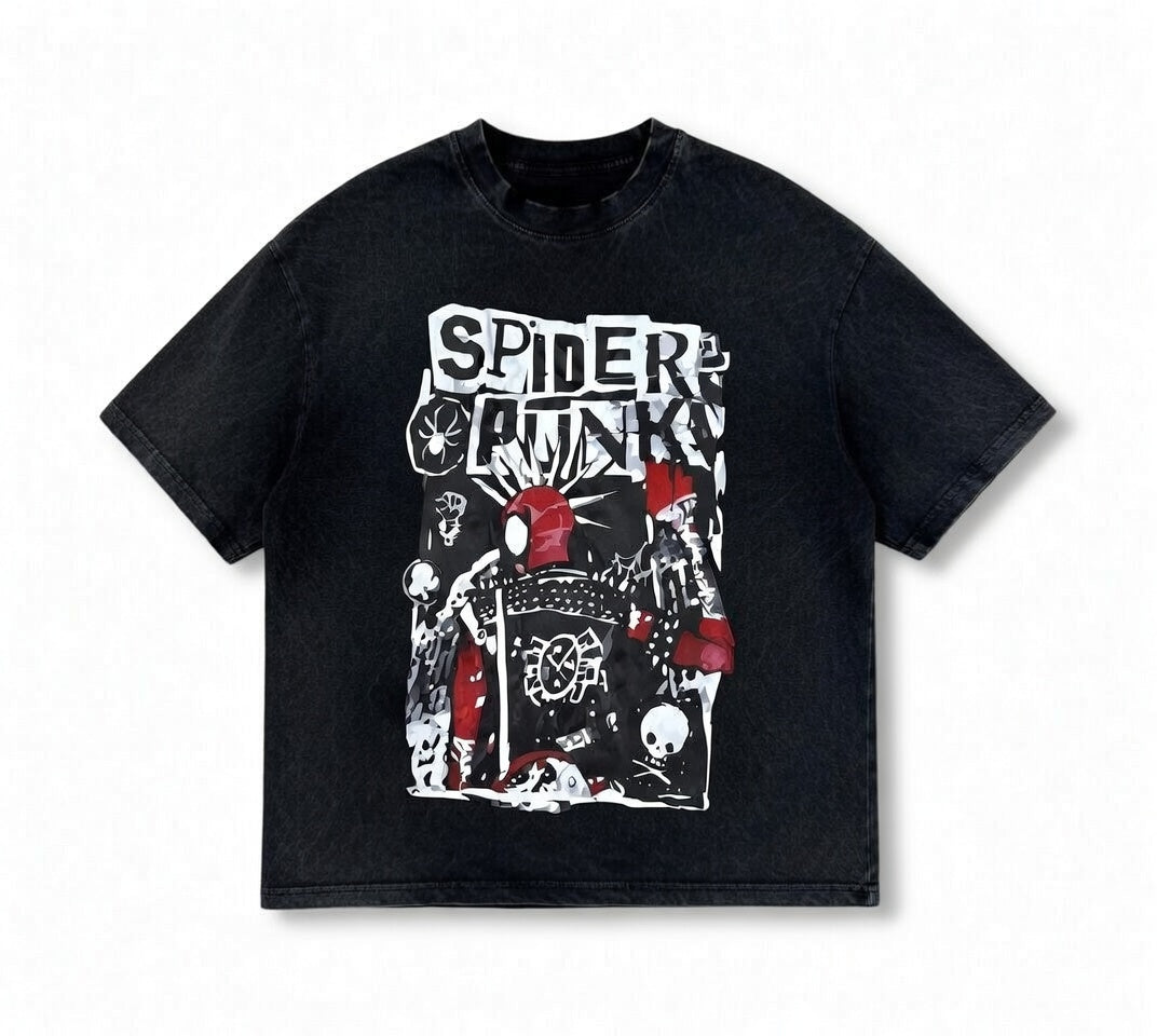 Spider-Punk Black Acid Wash Oversized Graphic T-Shirt - Heavyweight Streetwear Tee