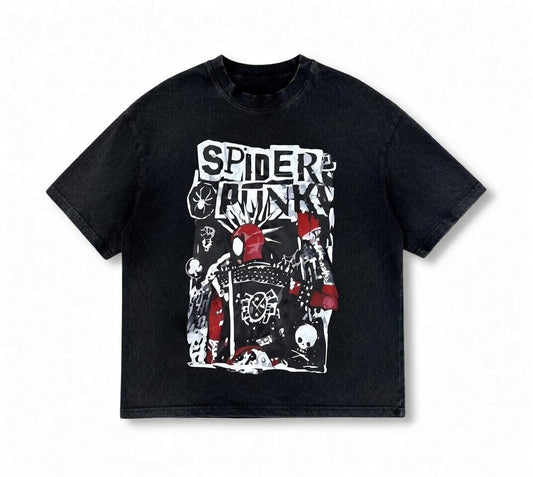 Spider-Punk Black Acid Wash Oversized Graphic T-Shirt - Heavyweight Streetwear Tee