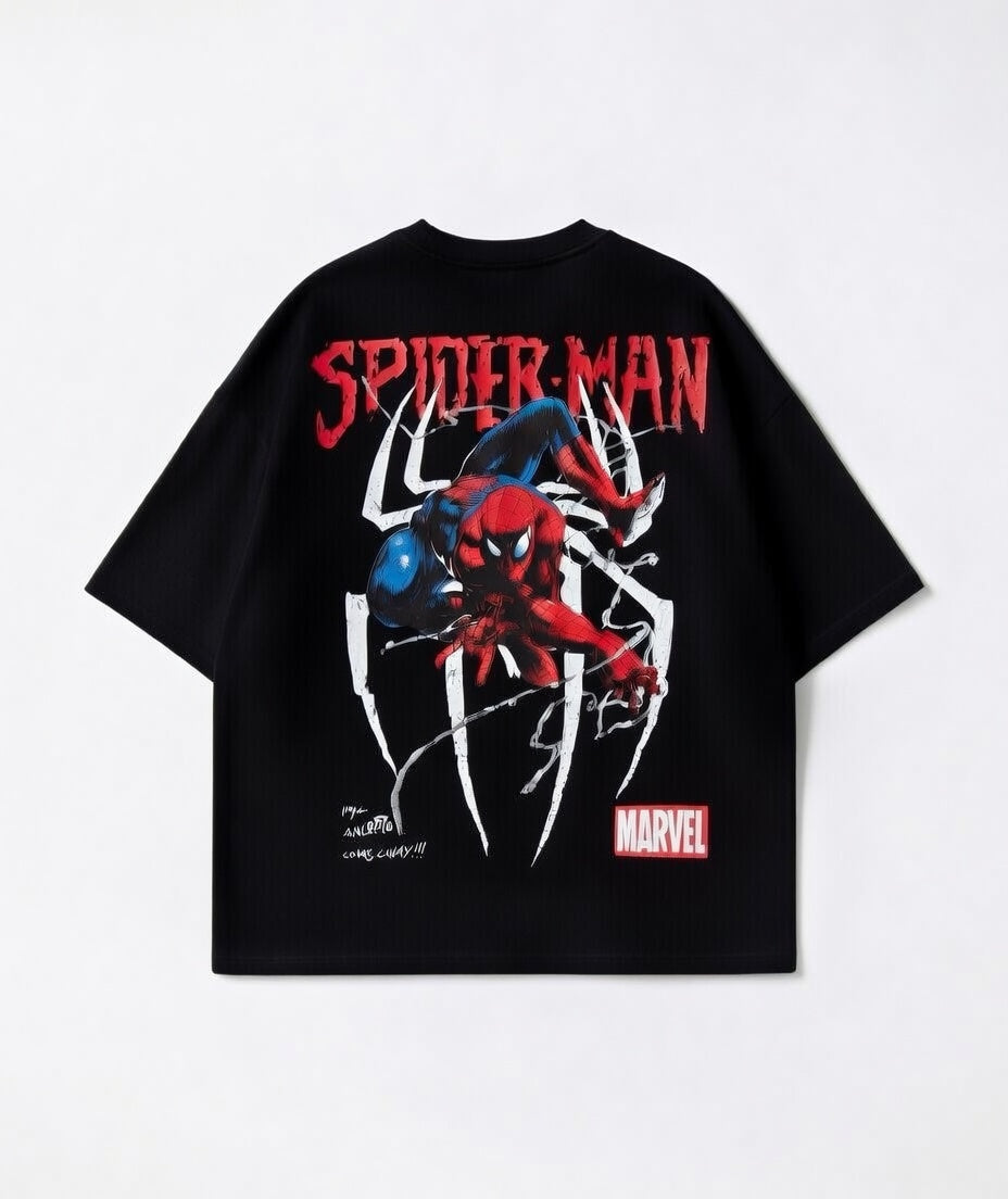 Spider-Man Black Oversized T-Shirt - Heavyweight Streetwear Tee with Front & Back Print
